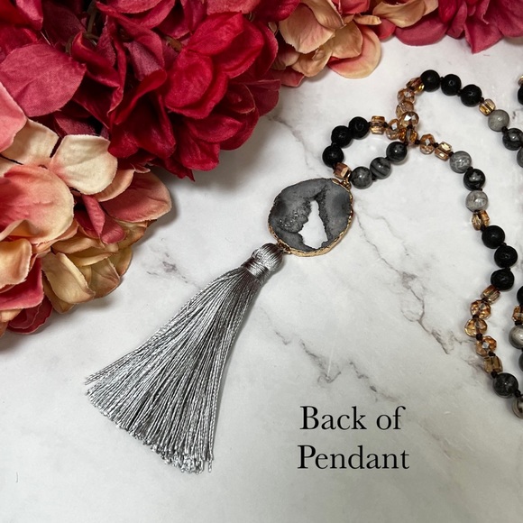 Natural Stone Necklace with Gold Dipped Gray Agate Geode Druzy Pendant & Tassel - Picture 12 of 16
